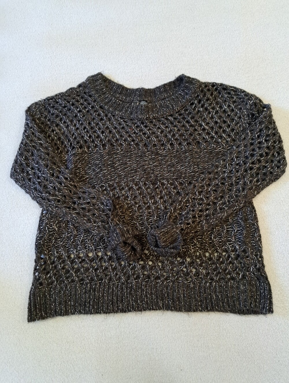 Brown Marled Open Knit Sweater Medium Textured Crew Neutral Boho Cozy Striped